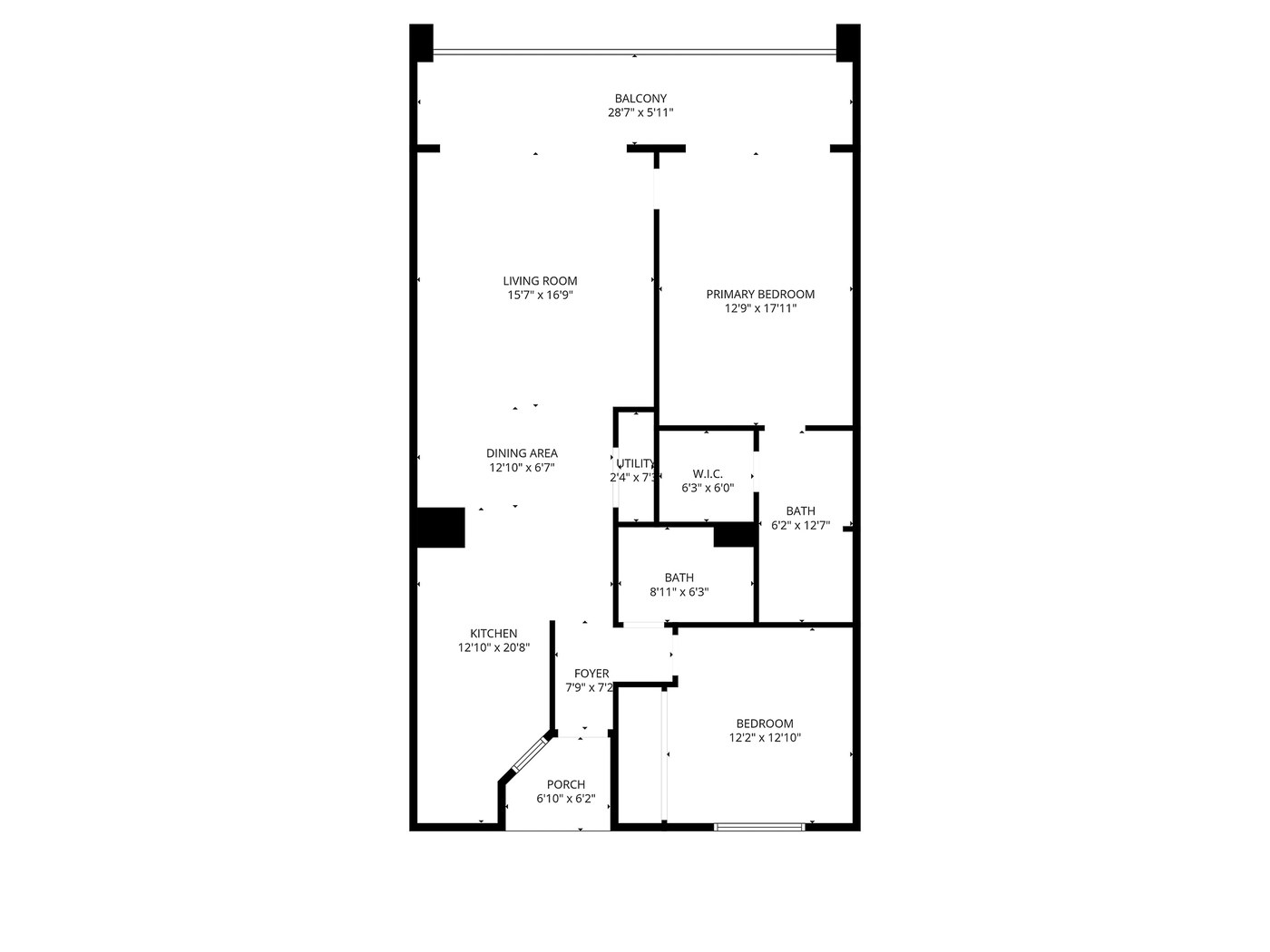 Official floor plan of Unit 565 — 2 bedrooms, 2 bathrooms, kitchen, living room, dining area, full-width balcony with Gulf-front orientation